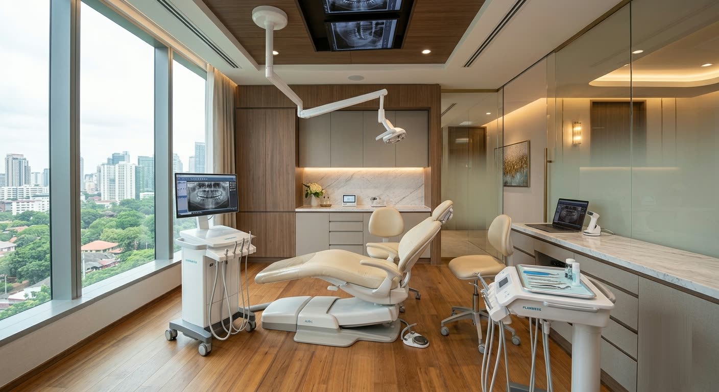 Modern dental treatment room with floor-to-ceiling windows and a city view